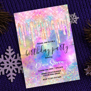 Chic colourful unicorn dripping glitter invitation
