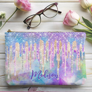 Chic colourful unicorn dripping glitter monogram accessory pouch