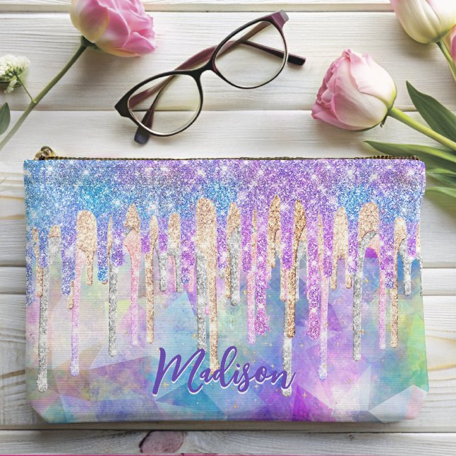 Chic colourful unicorn dripping glitter monogram accessory pouch (Creator Uploaded)