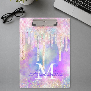 Chic colourful unicorn dripping glitter monogram clipboard