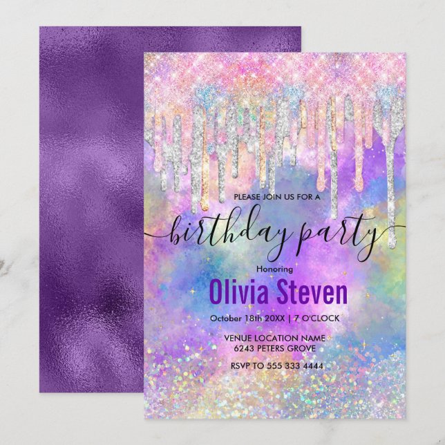 Chic colourful unicorn dripping glitter monogram i invitation (Front/Back)