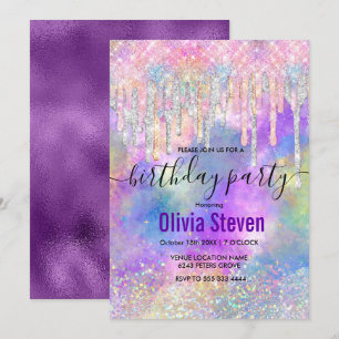 Chic colourful unicorn dripping glitter monogram i invitation