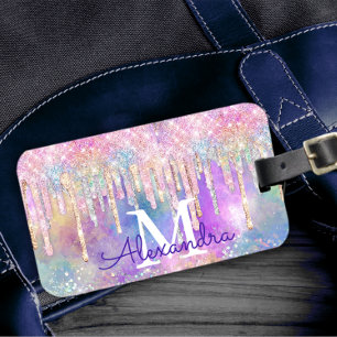 Chic colourful unicorn dripping glitter monogram luggage tag