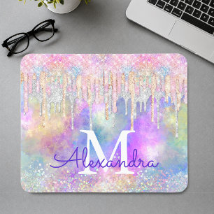 Chic colourful unicorn dripping glitter monogram mouse mat