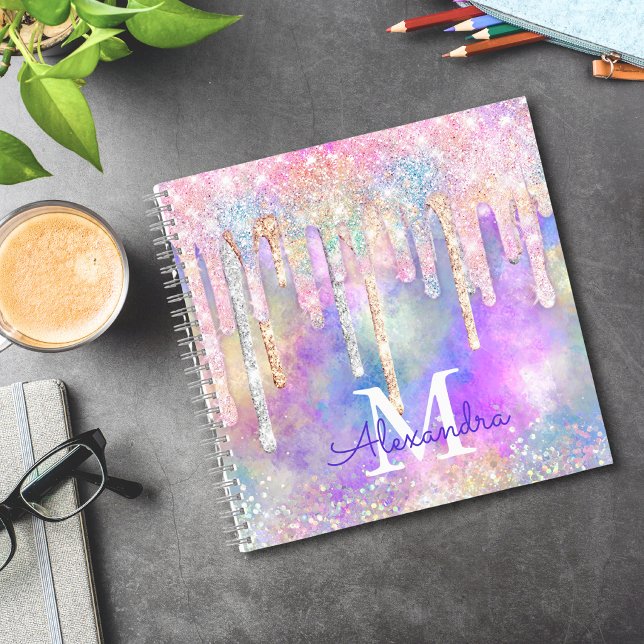 Chic colourful unicorn dripping glitter monogram notebook (Creator Uploaded)