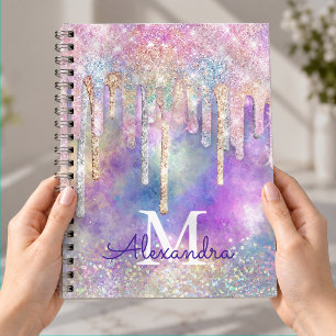 Chic colourful unicorn dripping glitter monogram notebook