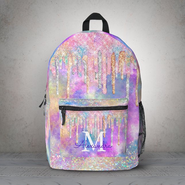 Chic colourful unicorn dripping glitter monogram printed backpack (Creator Uploaded)