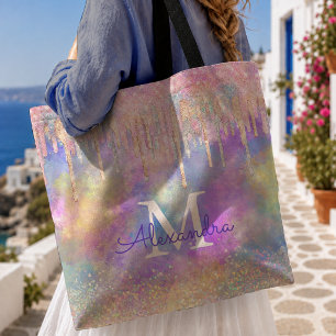 Chic colourful unicorn dripping glitter monogram tote bag