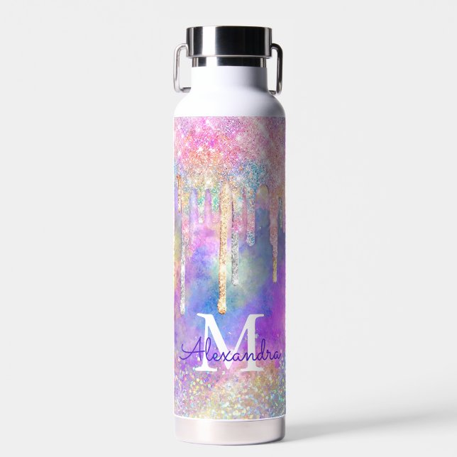 Chic colourful unicorn dripping glitter monogram water bottle (Front)