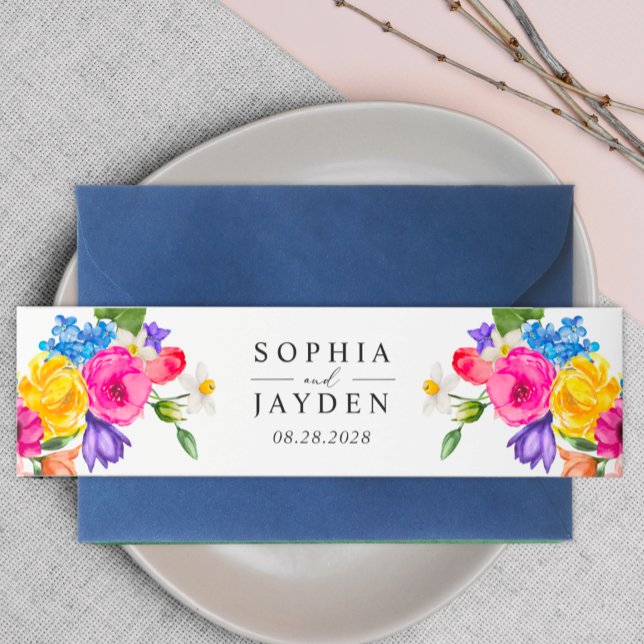 Chic colourful vibrant wildflowers wedding invitation belly band (Creator Uploaded)