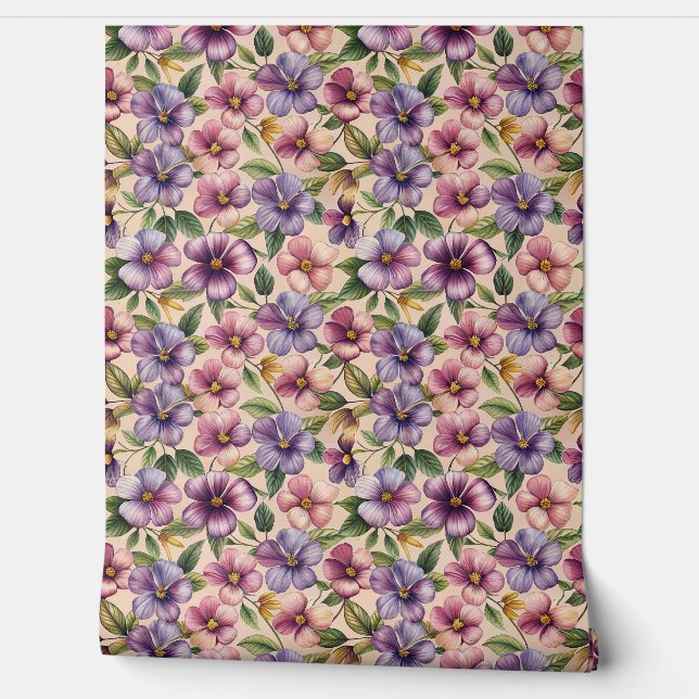Chic colourful violets flowers purple floral wallpaper (Unrolling)