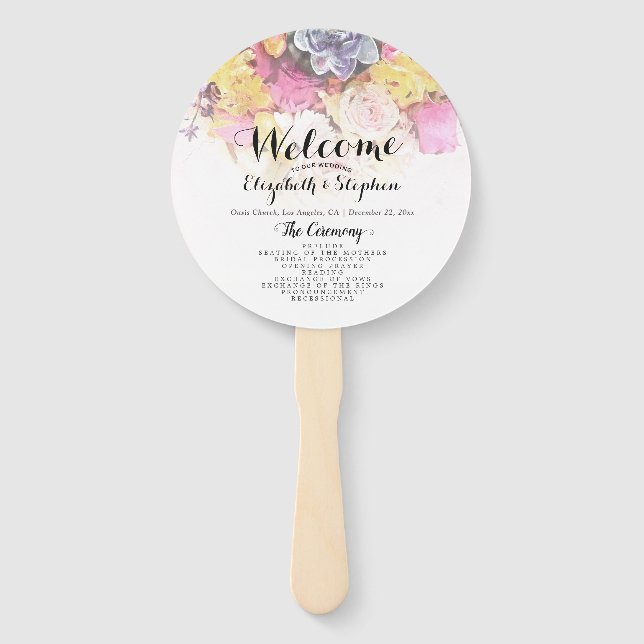 Chic Colourful Watercolor Flowers Wedding Programs Hand Fan (Front)