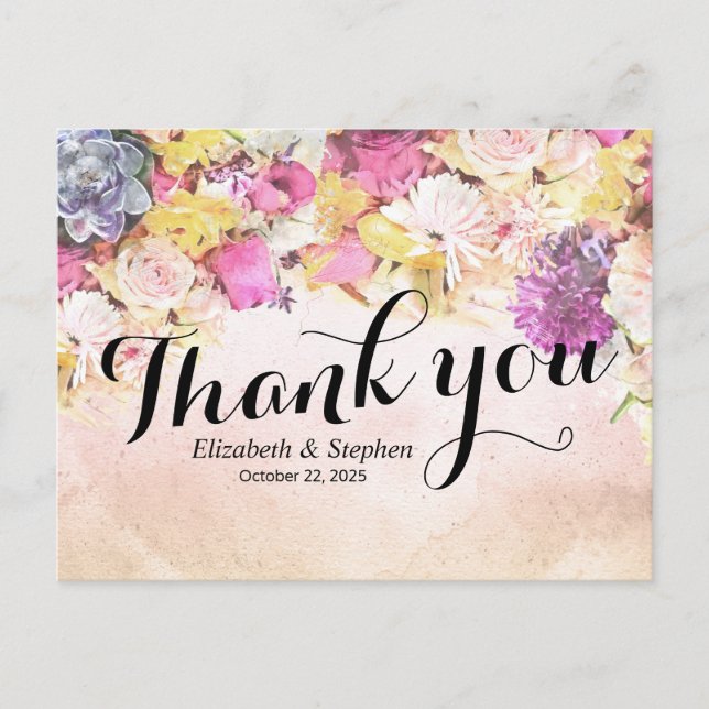 Chic Colourful Watercolor Flowers Wedding Thank Yo Postcard (Front)