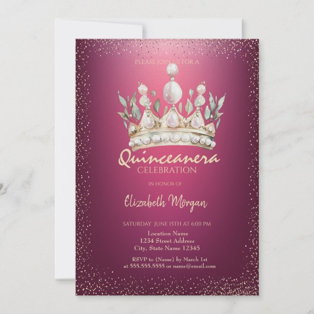 Chic Confetti Watercolor Crown Red Quinceañera Invitation (Front)