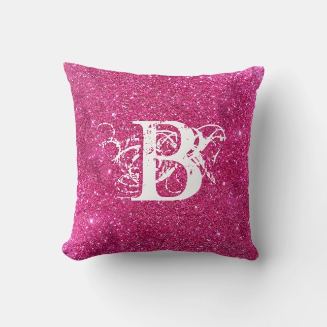 Chic Cool Pink Glitter White Initial Monogram Cushion (Front)