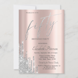 Chic Cool Silver Glitter Drips 50th Birthday Invitation