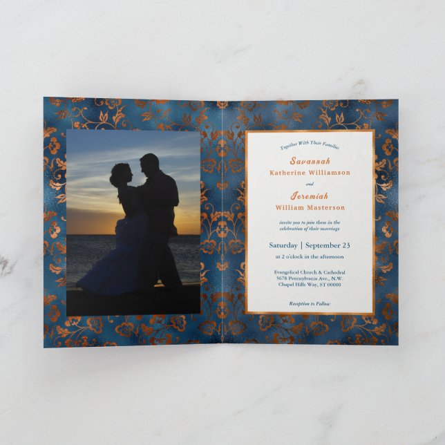  Chic Copper Blue Floral Customise Bifold Wedding Invitation (Inside)
