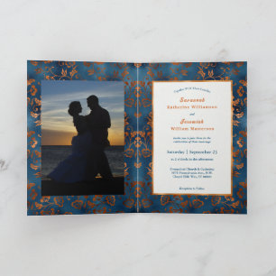Chic Copper Blue Floral Customise Bifold Wedding Invitation