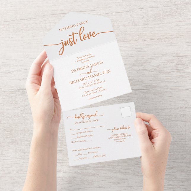Chic Copper Calligraphy Casual Wedding All In One Invitation (Tearaway)