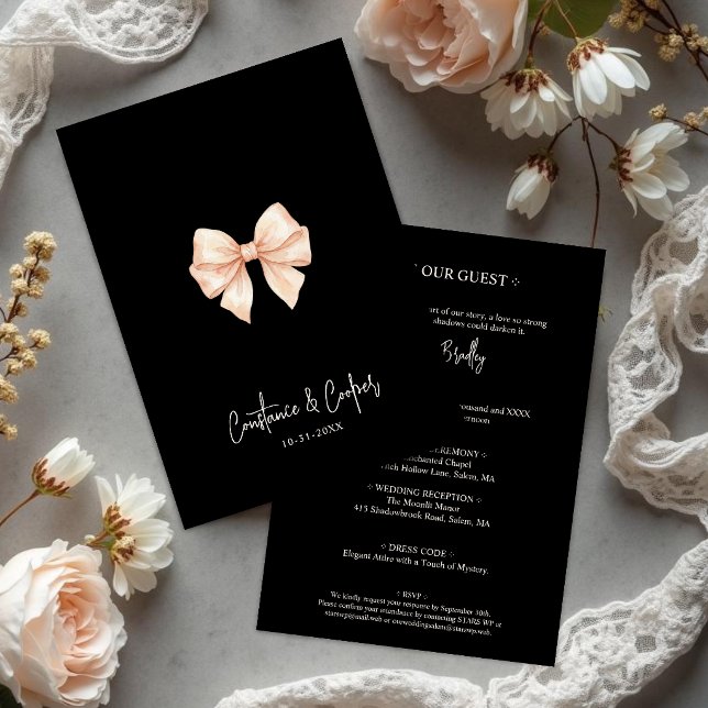 Chic Coquette Black Pink Bow Wedding TLW26 Invitation (Chic Coquette Black and Blush Pink Watercolor Effect Bow Wedding Invitation.)