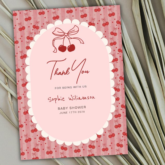 Chic Coquette Bow Cherry On Top Girl Baby Shower  Thank You Card (Creator Uploaded)