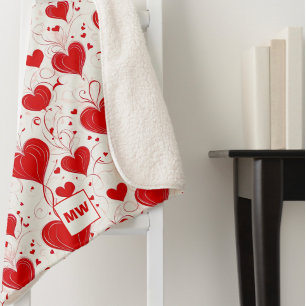 Chic coquette red hearts and swirls monogram sherpa blanket