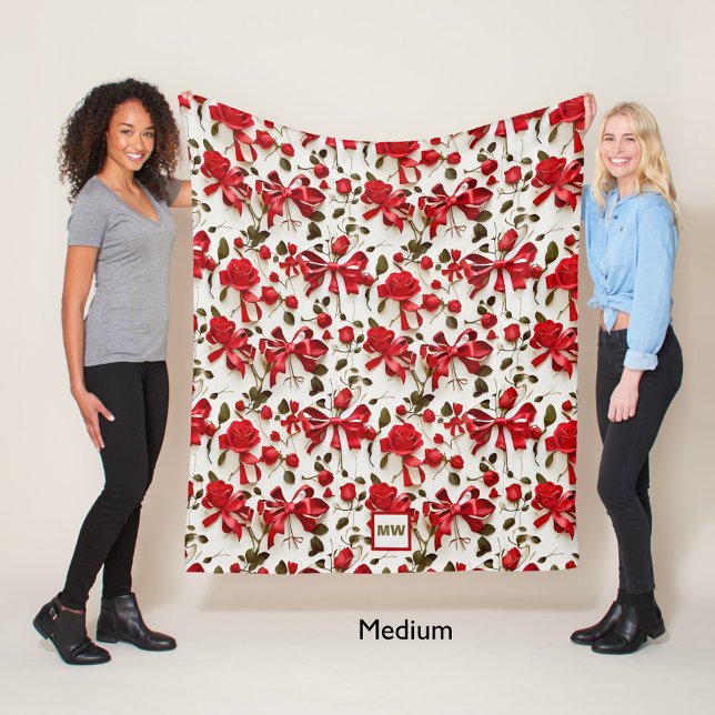 Chic coquette red roses and bows monogram fleece blanket (Creator Uploaded)