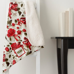 Chic coquette red roses and bows monogram sherpa blanket