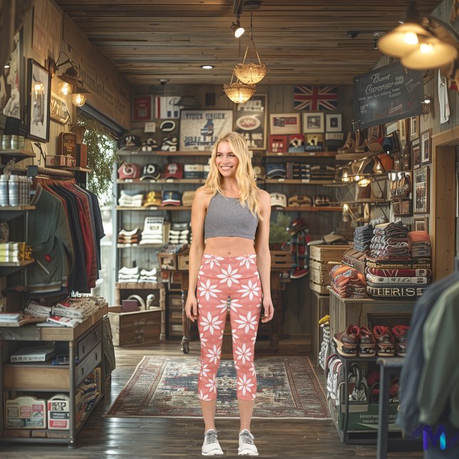 Chic Coral and White Floral Customisable Pattern Capri Leggings (Creator Uploaded)