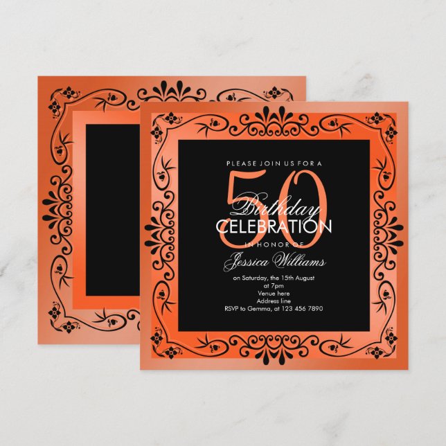 Chic Coral Decorative Framed 50th Birthday Invitation (Front/Back)