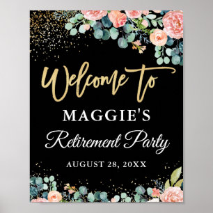 Chic Coral Floral Gold Retirement Party Welcome Poster