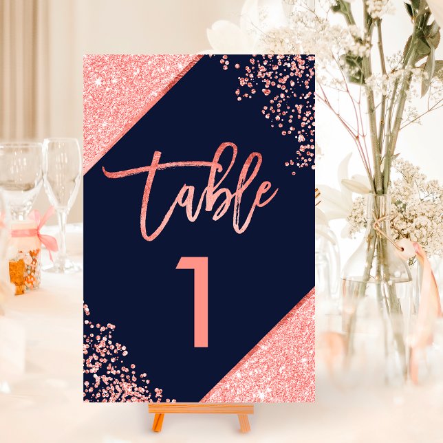 Chic coral glitter script navy blue table number (Chic coral glitter script navy blue table number)