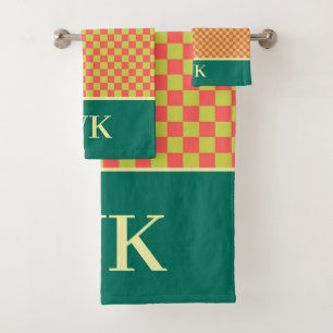 Chic Coral & Lime Chequerboard Spa Monogram Bath Towel Set