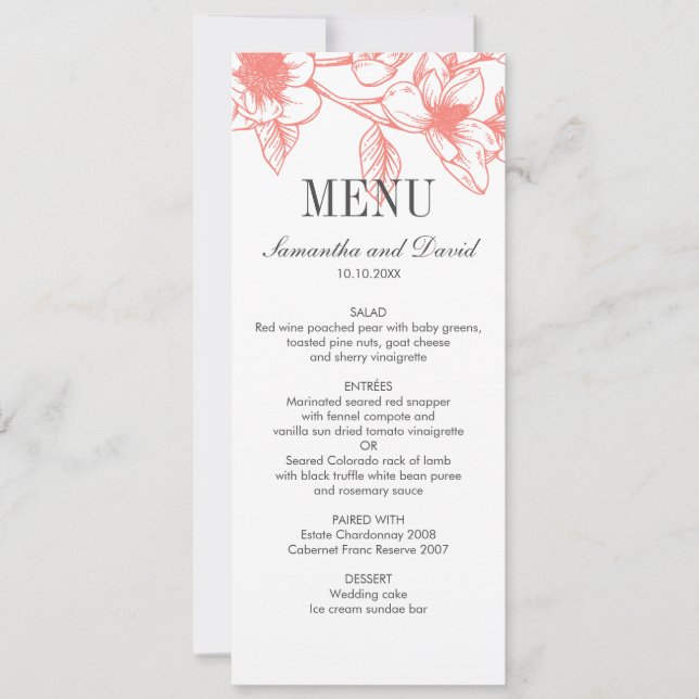 Chic Coral Magnolia Flowers Wedding Dinner Invitation (Front)