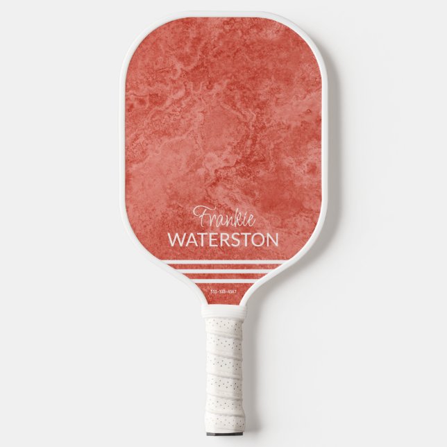 Chic Coral Marble White Stripes Name Phone Custom Pickleball Paddle (Front)