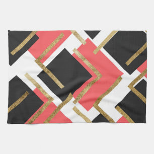 Chic Coral Pink Black and Gold Square Geometric Tea Towel