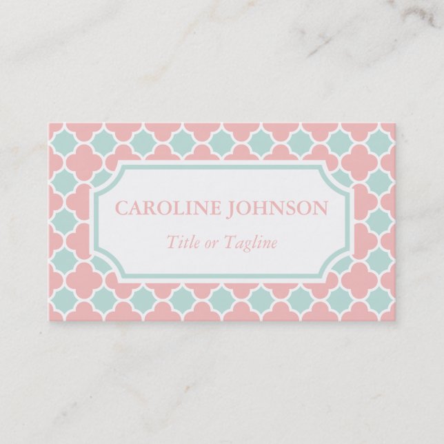 Chic Coral Pink Mint Green White Quatrefoil Business Card (Front)