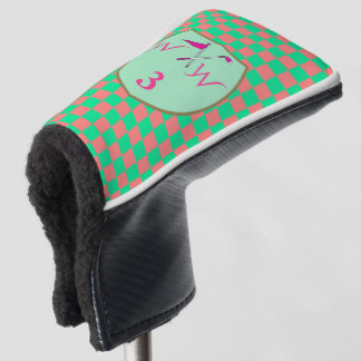 Chic Coral Pink & Pastel Green Chequered Monogram Golf Head Cover