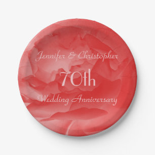 Chic Coral Pink Rose, 70th Wedding Anniversary Paper Plate