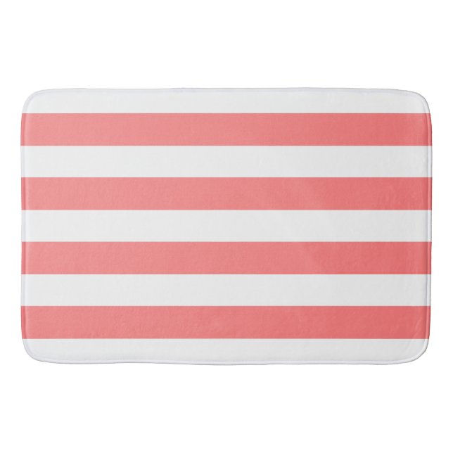 Chic Coral Pink Stripes Pattern Bath Mat (Front)