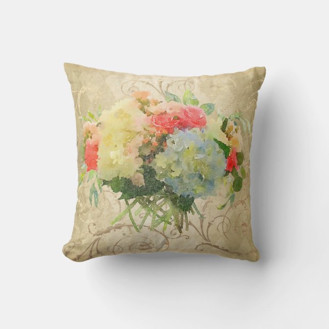 Chic Coral Rose Blue Hydrangea Floral Gold Damask Cushion (Front)