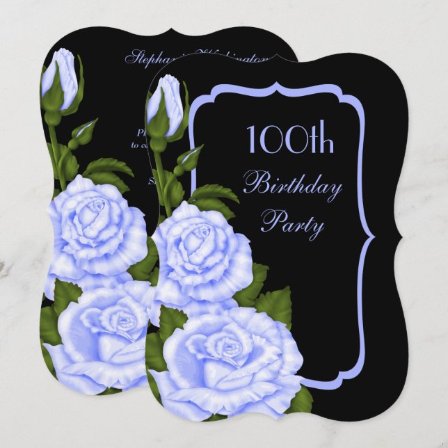 Chic Corner Blue Roses 100th Birthday Invitation (Front/Back)