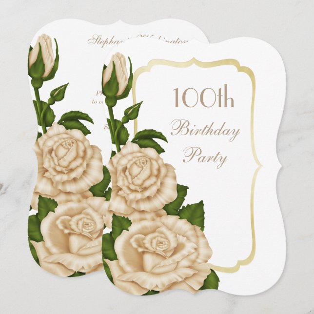 Chic Corner Ivory Roses 100th Birthday Invitation (Front/Back)