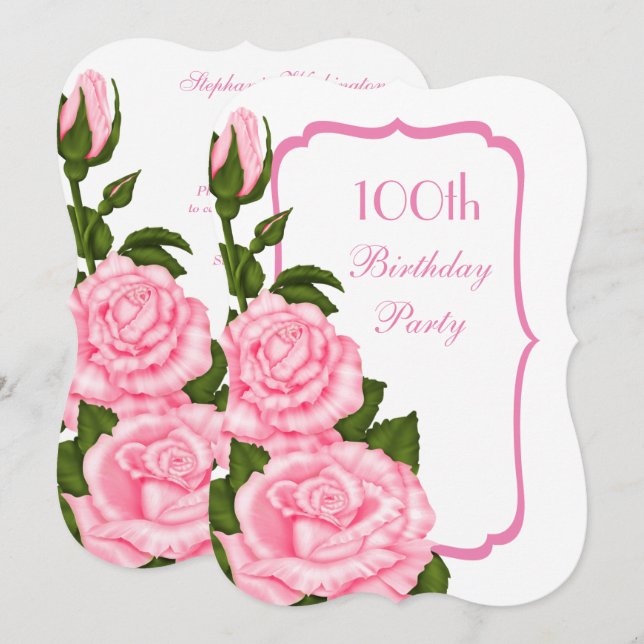 Chic Corner Pink Roses 100th Birthday Invitation (Front/Back)