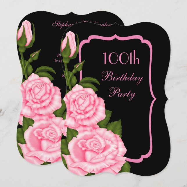 Chic Corner Pink Roses 100th Birthday Invitation (Front/Back)