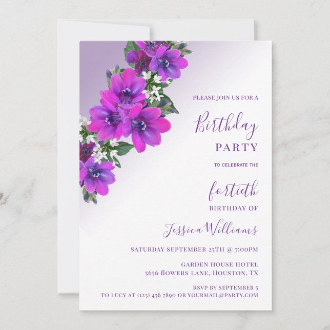 Chic Corner Purple Floral Decorative Birthday Invitation (Front)