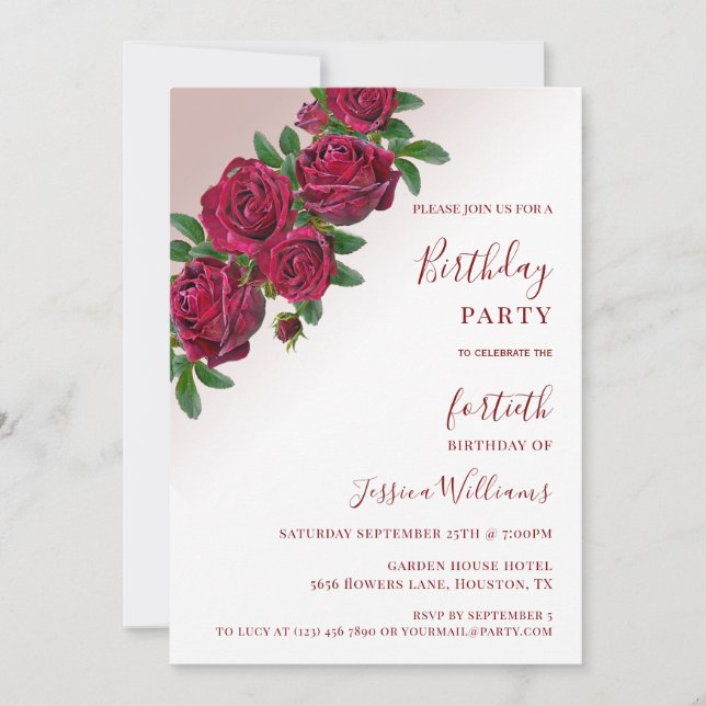 Chic Corner Red Roses Floral Decorative Birthday Invitation (Front)