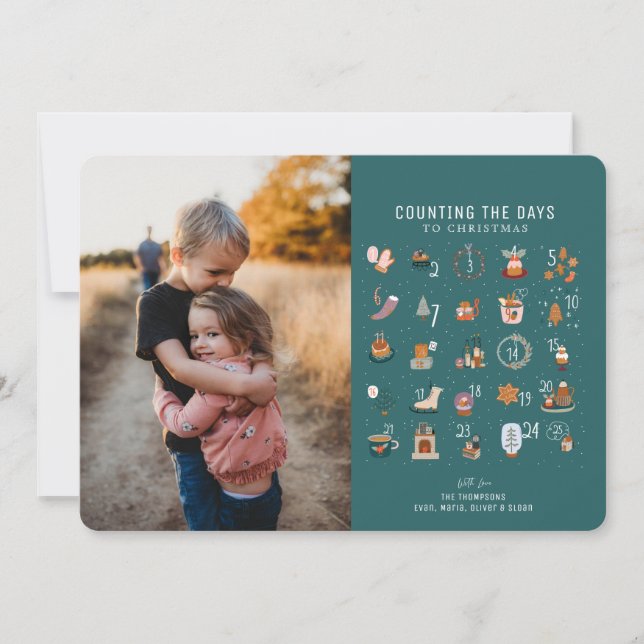 Chic Counting Days to Christmas Dark Green Photo Holiday Card (Front)