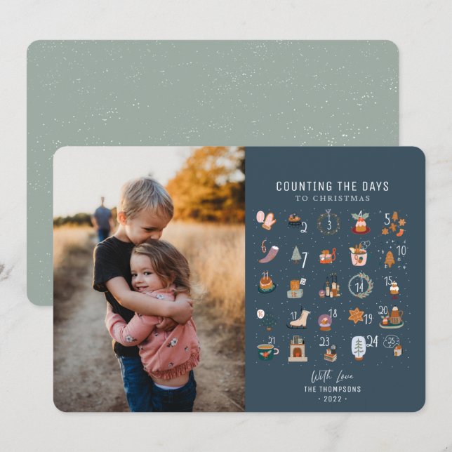 Chic Counting Days to Christmas Dark Navy Photo Holiday Card (Front/Back)