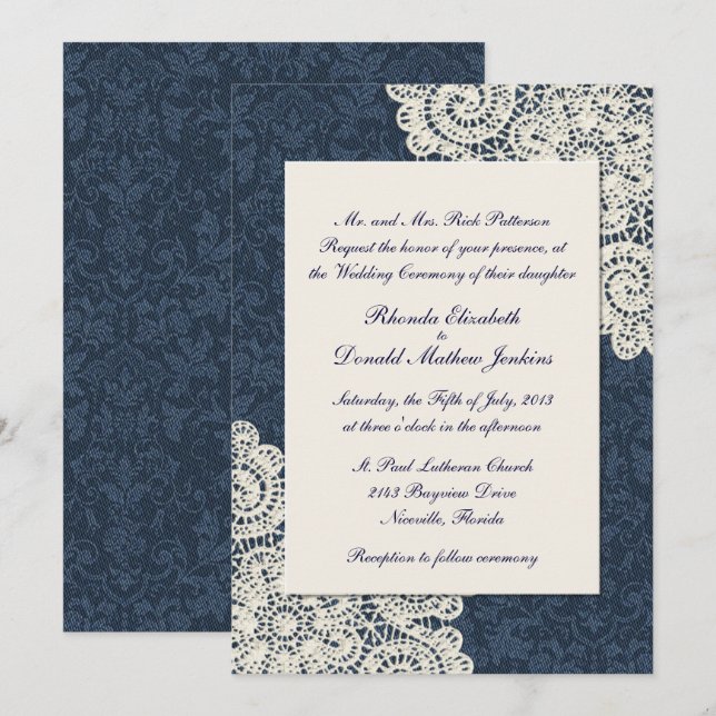 Chic Country Denim Damask & Ivory Lace Wedding 2 Invitation (Front/Back)